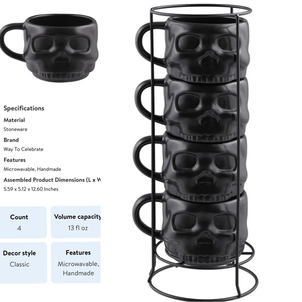 Black Skull-Shaped Ceramic Stacking Mug Set with Metal Rack.